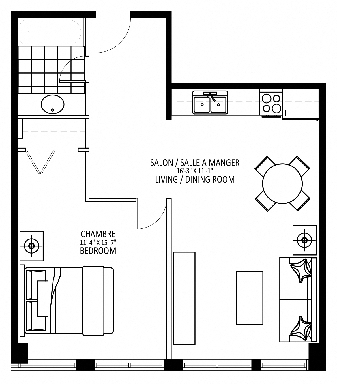 Floor plan for 1 bed, 1 bath, 565 sqft